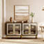 Modern Glass Sideboard Cabinet - Leather Texture, Metal Legs, Soft-Close Hinges, Extra Deep Storage For 16" Dinner Plates, Dining Room Buffet