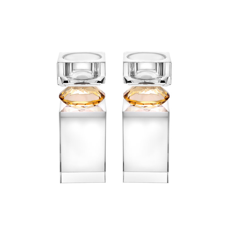 Set Of 2 Tall Tea Light Candle Holders With Amber Diamond On Foot - 2" X 2" X 5.6"H, Amber