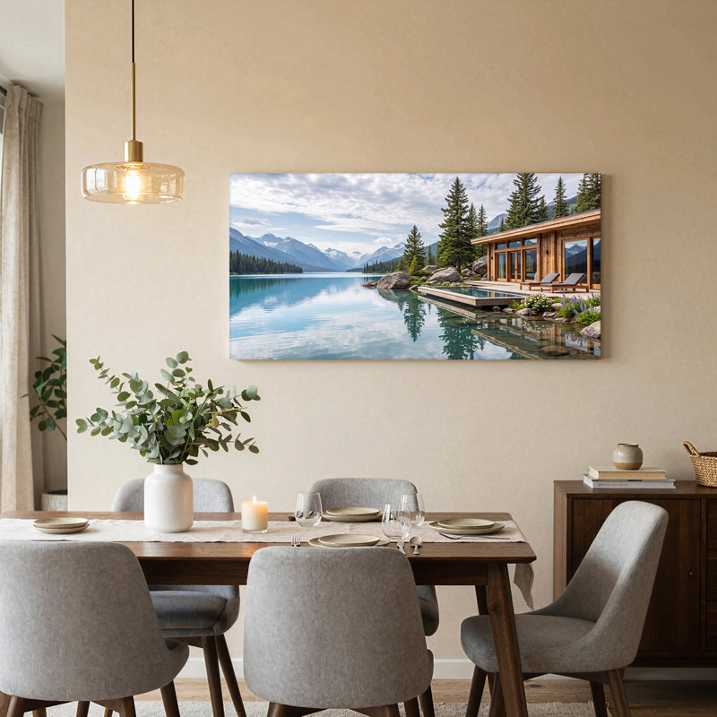 Toile en bois sur un lac turquoise avec piscine à débordement, art mural, 40“W x 20”H