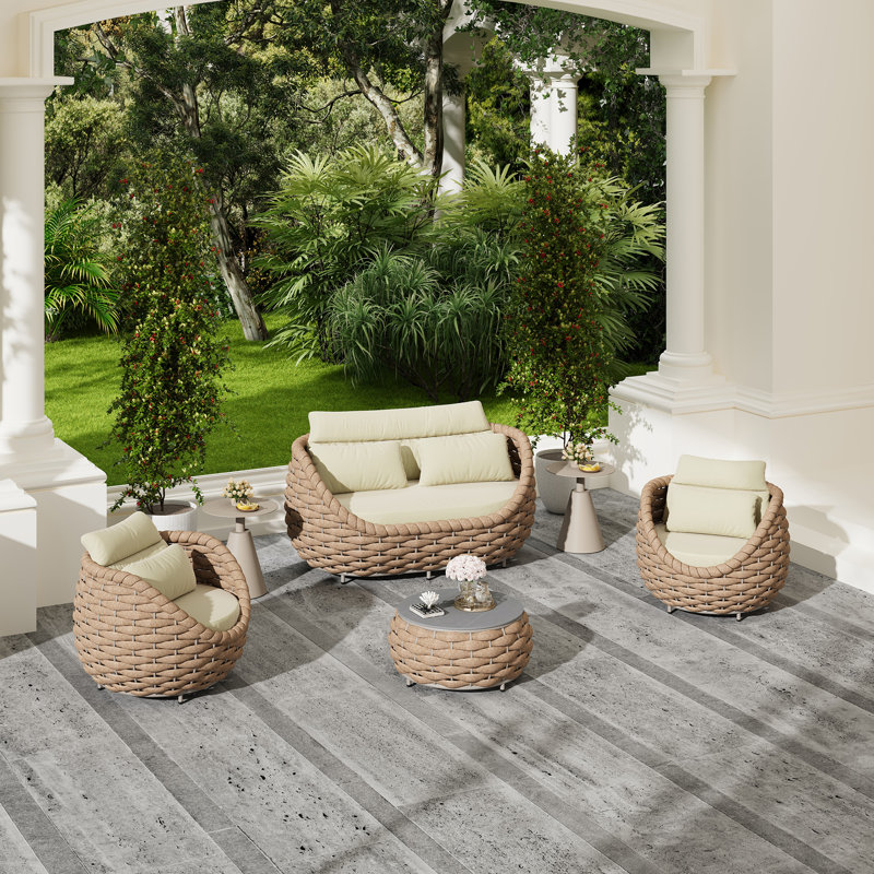 Denea 4 - Person Aluminum Frame Outdoor Seating Group With Cushions, Cream, Brown/White