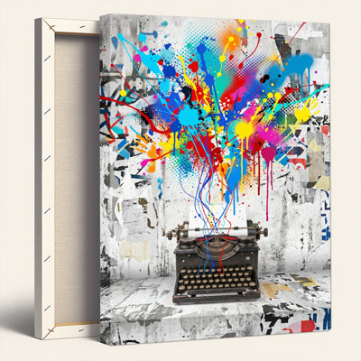 «Gallery Wrap», art mural sur toile pour le salon, la chambre à coucher, le bureau ou le vestibule - décoration murale décorative avec éclaboussures de machine à écrire