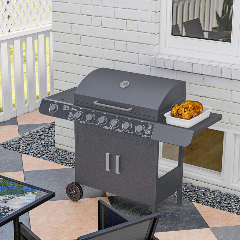 Outsunny 6 - Burner Free Standing Liquid Propane 9400 BTU BTU Gas Grill with Side Burner and Cabinet