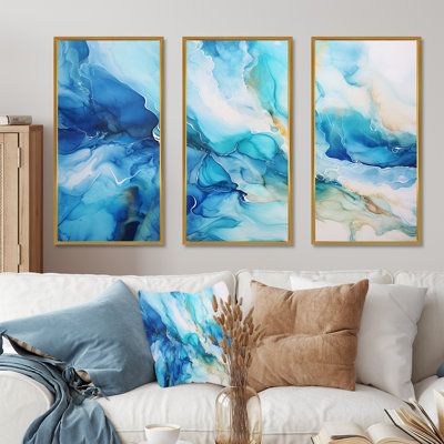 Encre liquide océan bleu et blanc - formes abstraites, ensemble d'art sur toile