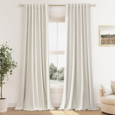 Cream Linen Blackout Curtains, 2-Panel Thermal Insulated Room Darkening Back Tab Window Drapes
