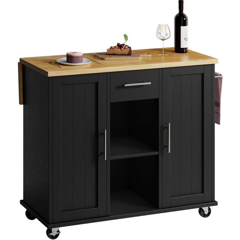 Chariot roulant pour îlot de cuisine avec plateau de boucher - Poste de travail portatif avec tablettes de rangement et roulettes verrouillables