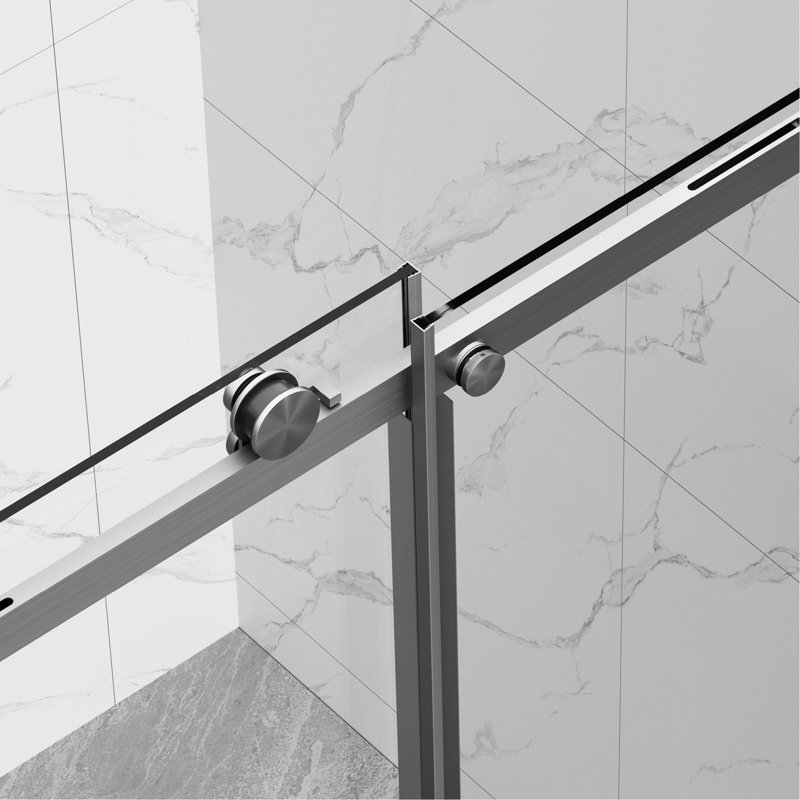 Porte de douche coulissante sans cadre l 56 à 60 po x H 72 po, porte de douche en verre imperméable avec système de fermeture en douceur supérieure, verre trempé de 5/16 po (8 mm), couche facile à nettoyer des deux côtés