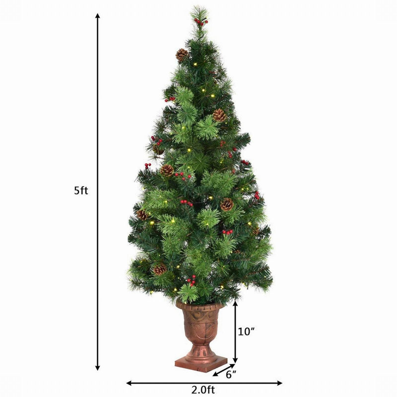 Arbre de Noël 48 po H 48 po en forme de pin artificiel vert régulier avec 100 lumières DEL Pinecones, H 5 pi