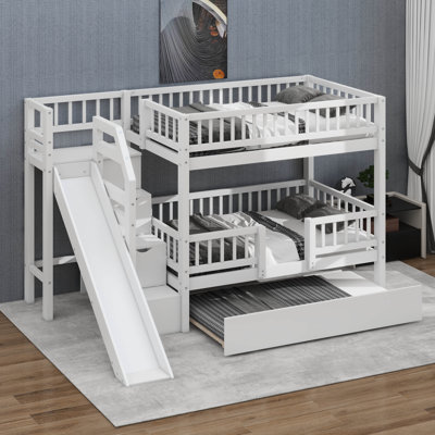 Lit superposé simple avec escalier de rangement et glissade, cadre de lit superposé en pin avec lit gigogne et barrières de sécurité sur toute la longueur