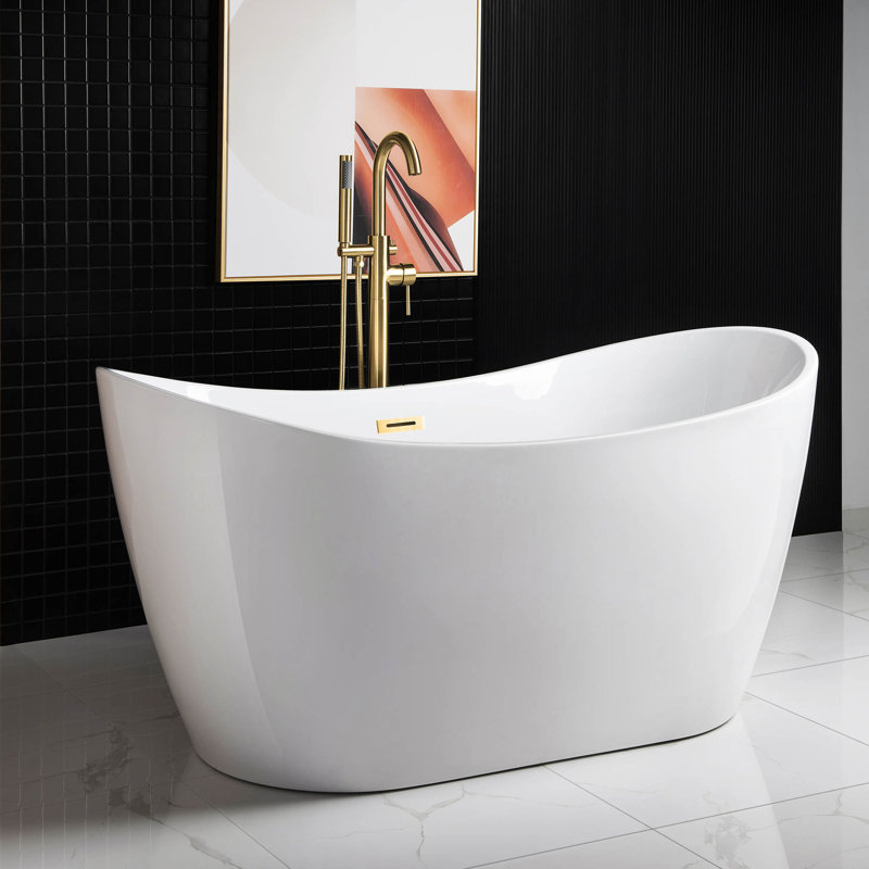 Vital 59" x 28.75" Freestanding Soaking Acrylic Double Slipper Bathtub, Non-Slip Bottom Design, Brushed Gold, White