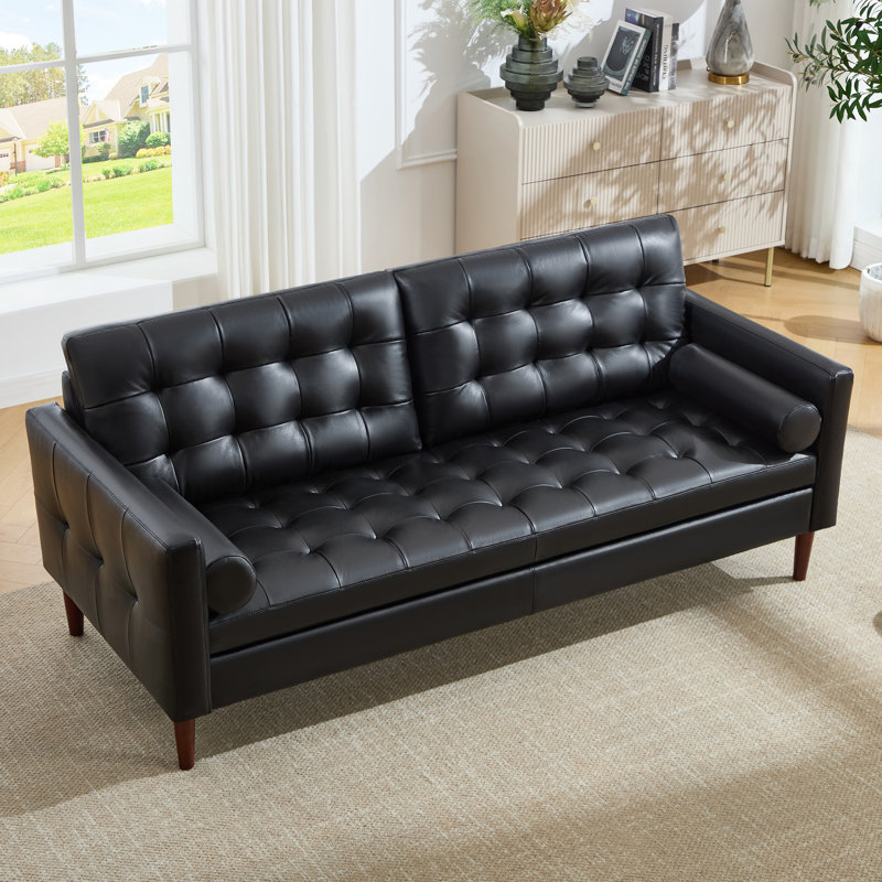 Canapé 3 places Mid-Century moderne en cuir, canapé en cuir noir pour le salon, Noir
