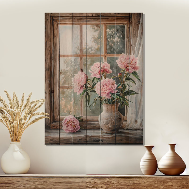 Pivoines par la fenêtre de la ferme III - reproduction de bois de pivoines - sur bois de pin naturel