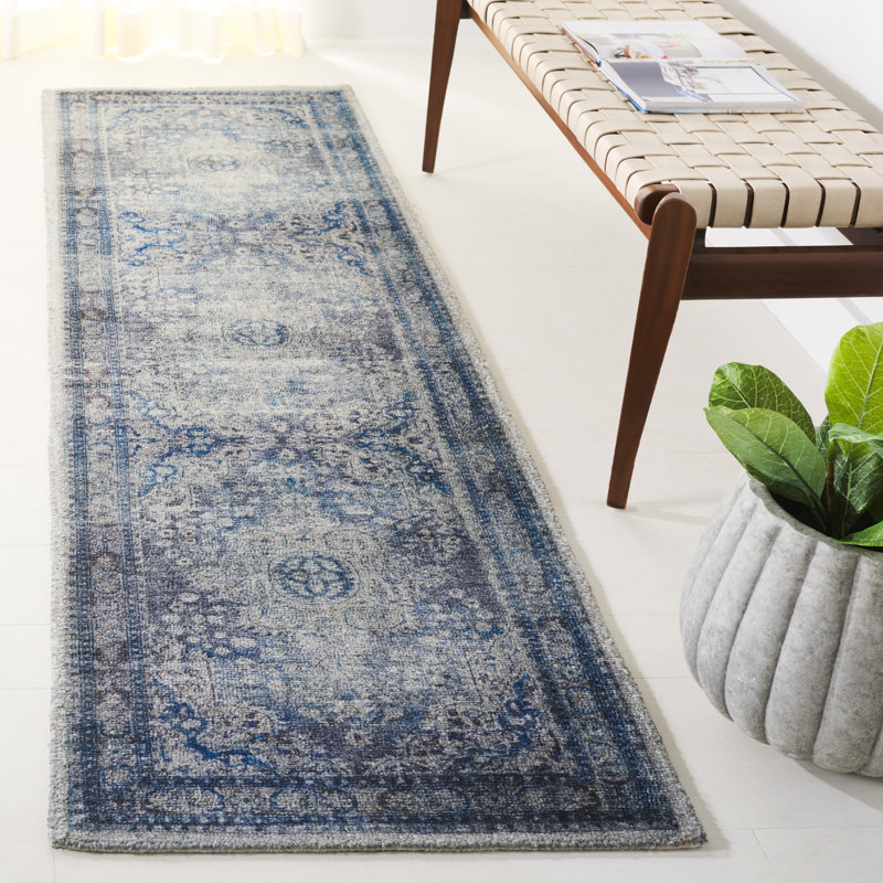 Tapis bleu / gris touffeté à la main Amajae, Tapis de couloir 2 pi 3 po x 8 pi