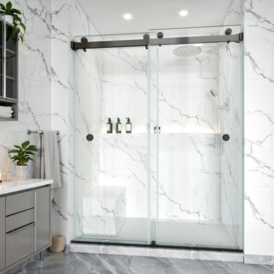 Porte de douche Kavrton de 68 à 73 po x H 80 po sans cadre Kavrton, porte de douche coulissante double en noir mat, verre trempé transparent de 3 po (8 mm) certifié par la CCSC avec 2 poignées