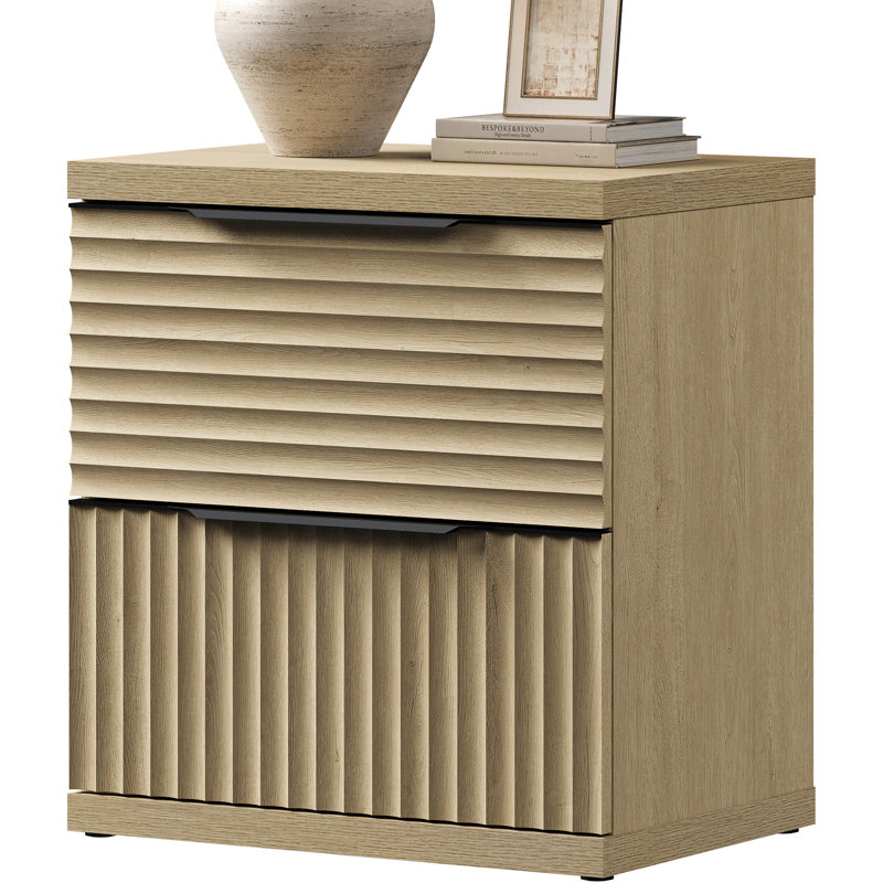 Modern Fluted 2-Drawer Nightstand, Coastal Oak