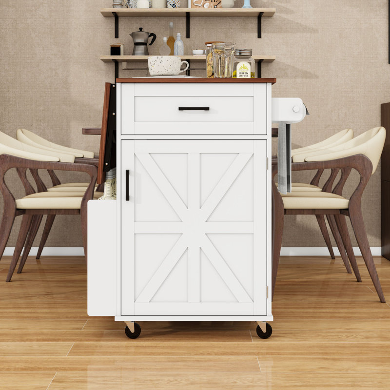 Rustic Mobile Kitchen Island Cart with Drop Leaf, Adjustable Shelf, Storage Drawer and Lockable Wheels, White