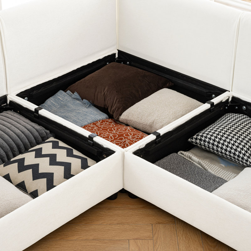 Chenille Sofa with Storage Ottoman and Cylindrical Backrest, White
