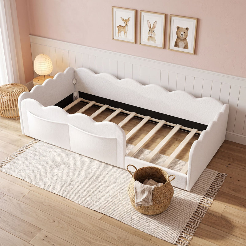 Lit de plancher rembourré avec garde-corps ondulés et poches de rangement latérales, Lit simple, White