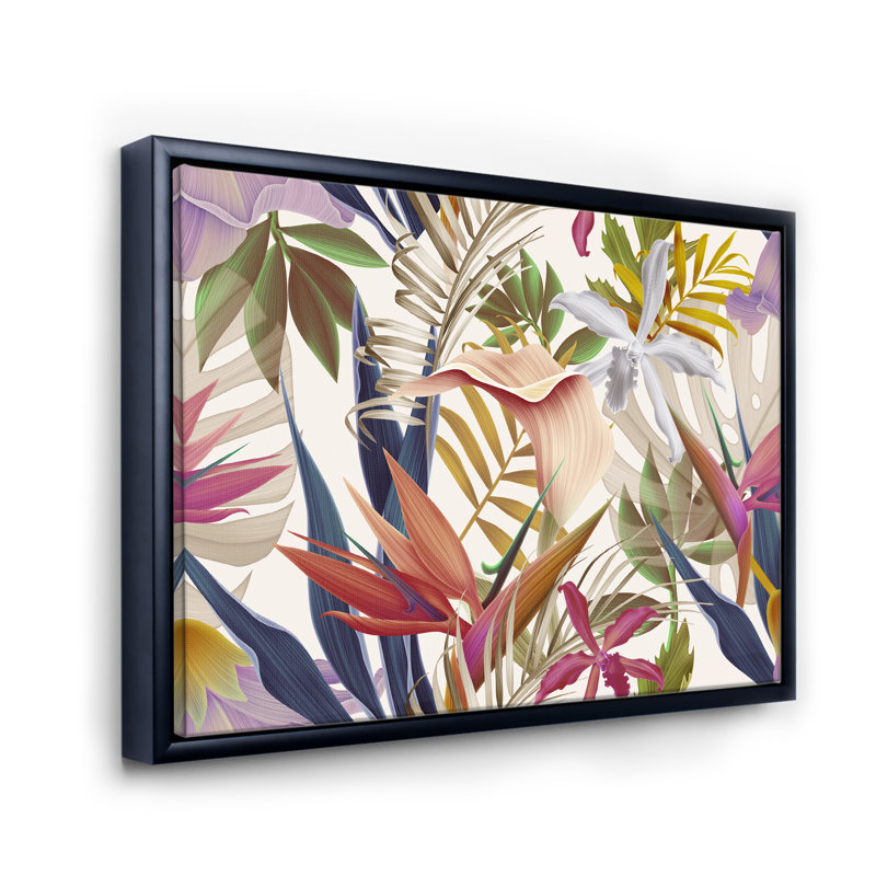 Fleurs tropicales rétro III - Impression sur toile, Cadre flottant noir, H 12 po x l 20 po x p 1 po