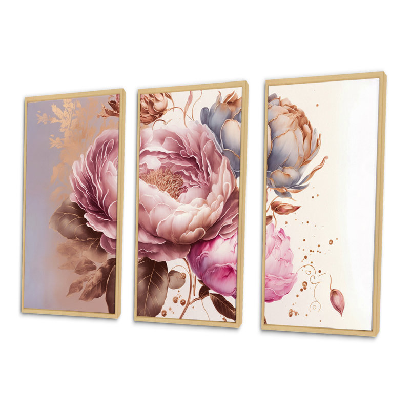 «Pink and Gold Rose I», reproduction sur toile 3 pièces, H 28 po x l 36 po x P 1 po, Encadré naturel