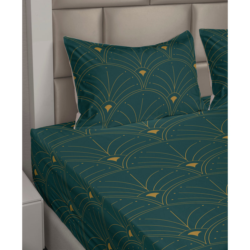 Microfiber Sheet Set, King Sheet Set with 2 Pillowcases, Teal/Sand Brown Geometric