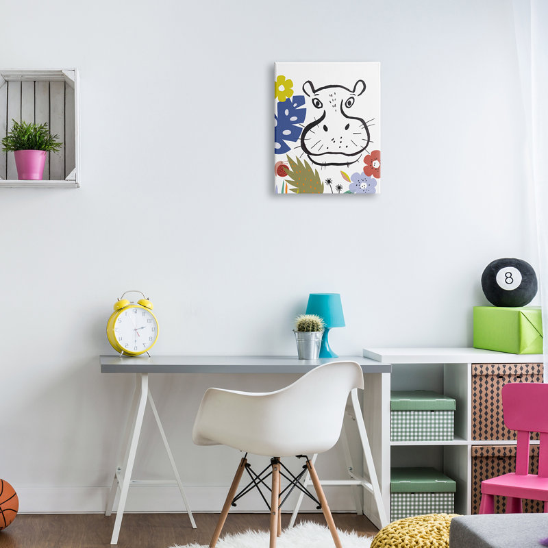 «Hippopotamus Botanical Jungle», dessin de safari, art mural surdimensionné par Abi Hall, Toile tendue, H 16 po x l 20 po