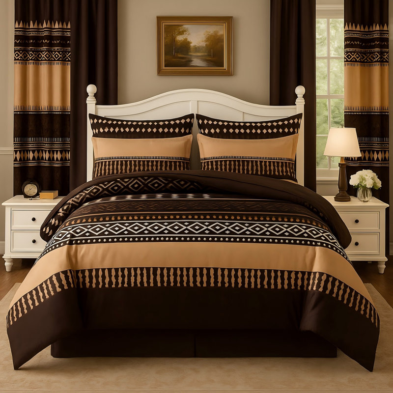 Boho Pattern Bedspread Set with Matching Curtains, Queen, Brown, Queen Bedspread + 8 Additional Pieces