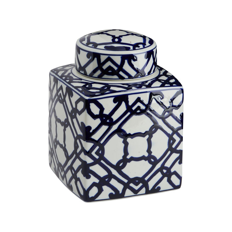 Decorative Square Ceramic Ginger Jar with Lid, Geometric Shape White/Navy