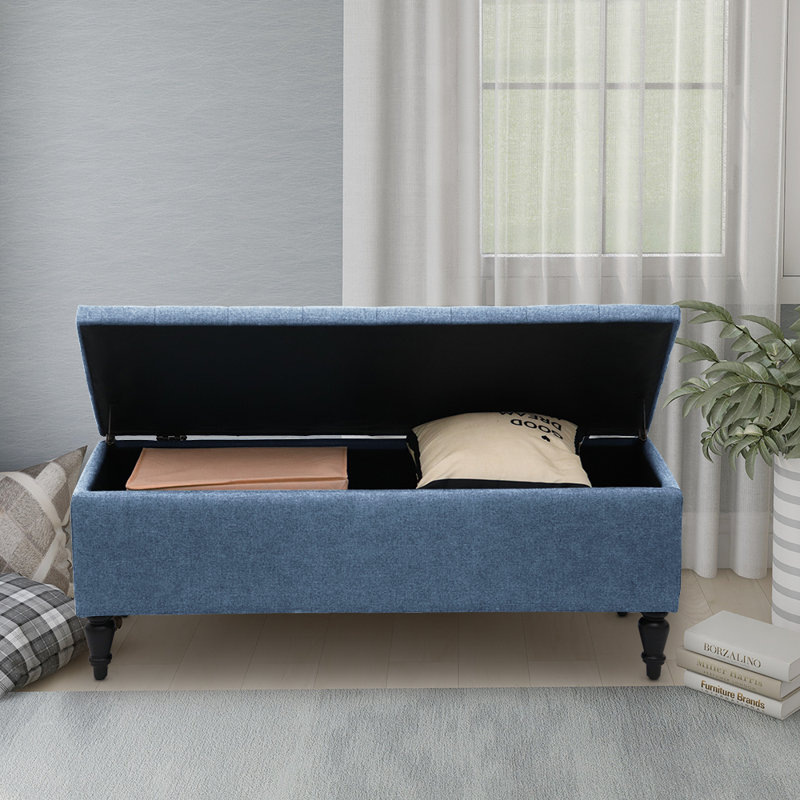 Banc de rangement rembourré avec pieds en bois massif Balcom, Bleu denim, H 17,7 po x l 45,2 po x P 18 po