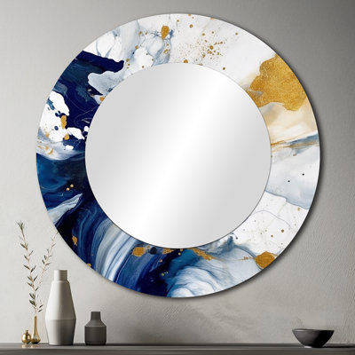Dark Blue and Gold Strokes XXIII - Fractals Large Mirror, Modern Round Decorative Wall Mirror, Printed Metal Art