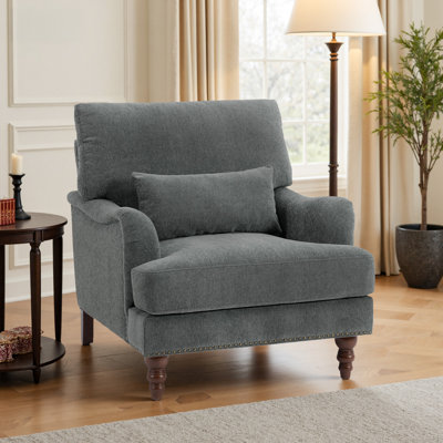 Upholstered Gray Nailhead Trim Accent Chair with Throw Pillow and Solid Wood Legs
