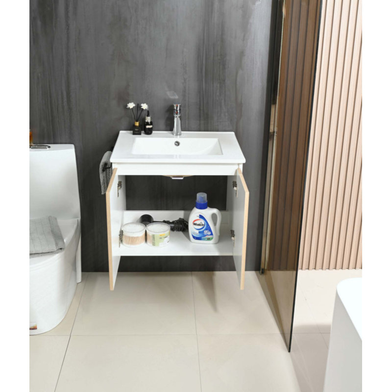 Ensemble de meuble-lavabo mural flottant avec porte-serviettes, Naturel / Blanc