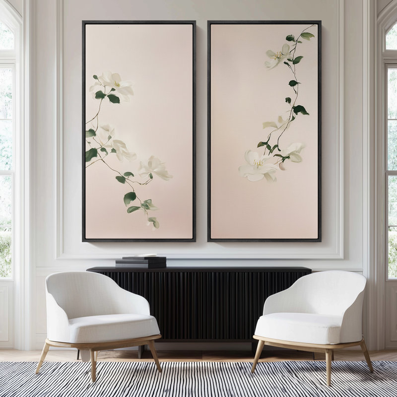 Douces branches de magnolia minimal sur fond rosé - ensemble de 2 reproductions d'art encadrées sur toile 60 po x 20 po x 2 pièces, 60 po x 30 po x 2 pièces