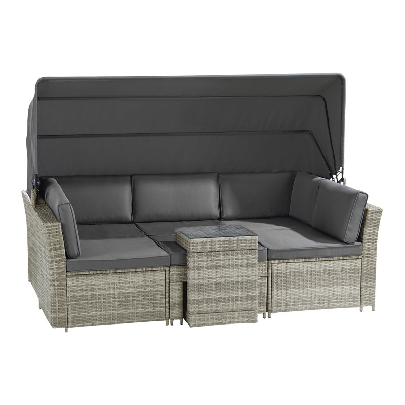 Ludwicka 208cm Wide Wicker Patio Daybed with Cushions, Natural/Dark Grey, Yes