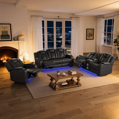 Breathing Leather Power Reclining Set With Led,reading Light,wireless Charging,speaker(sofa+loveseat+chair)