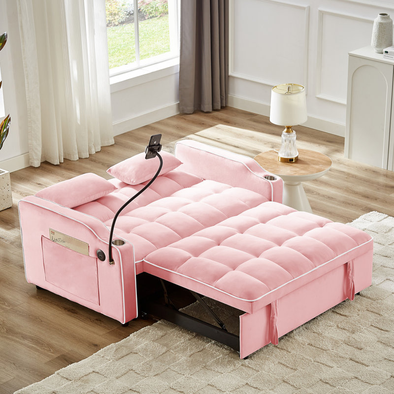 Lit rose polyvalent avec dossier réglable, support de charge et support pour téléphone, support de cendrier, Rose