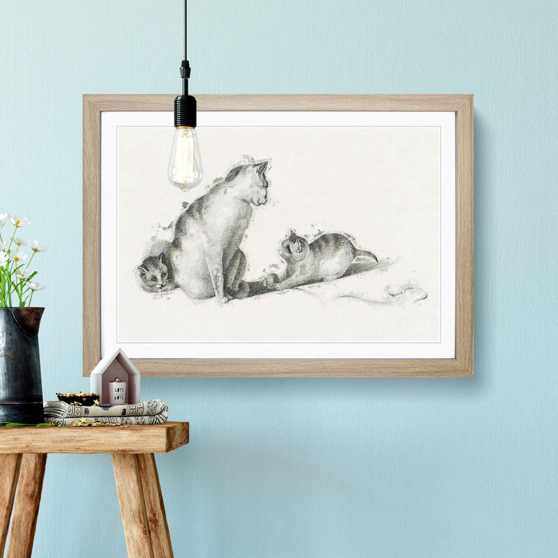 Cat Playing with Kittens by Gottfried Mind - Picture Frame Drawing Print, 36cm H x 48cm W x 2cm D, Oak Framed