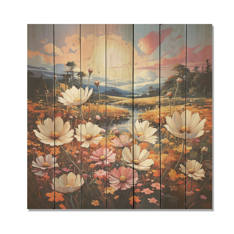 White And Pink Wildflowers Meadow  - Wildflowers On Wood Print, 15" H x 15" W