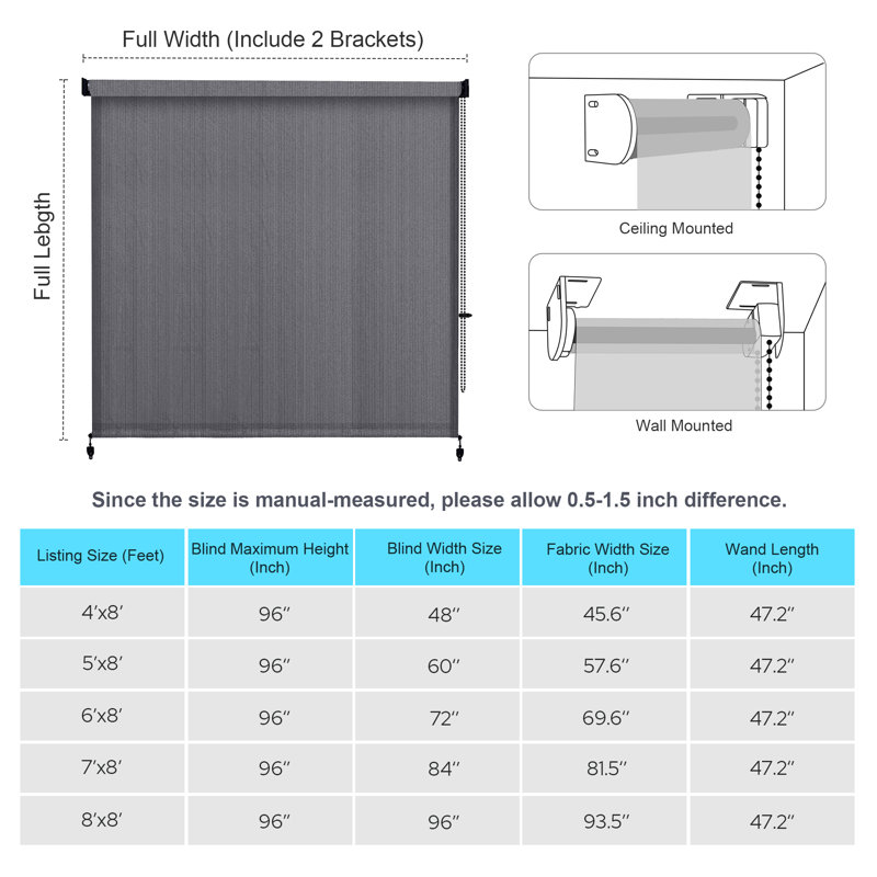 Store à enroulement semi-transparent d'extérieur avec store enroulable à cordon, Rectangle 60 po x 72 po, Gris