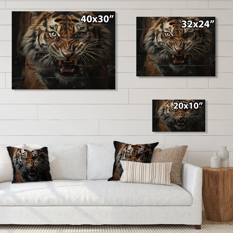 Jamarri brun, tigre féroce, portrait sur bois, H 24 po x l 32 po x P 0,78 po