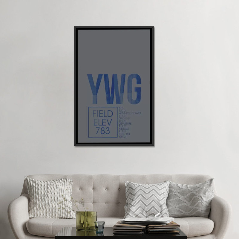 "winnipeg" , art textuel sur toile, "air traffic control series", H 26 po x l 18 po x P 1,5 po, Toile avec cadre noir