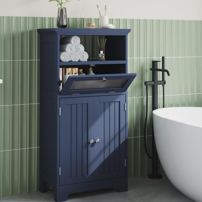 Bathroom Floor Storage Cabinet With Flip Glass Drawer, Freestanding With 2 Doors, Adjustable Shelf & 1 Open Storage For Living Room, Hallway, Navy Blue