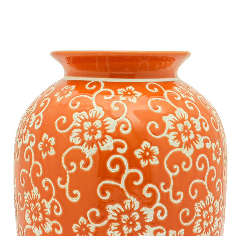 14" Bright Yellow Tung Chi Vase, Orange Floral