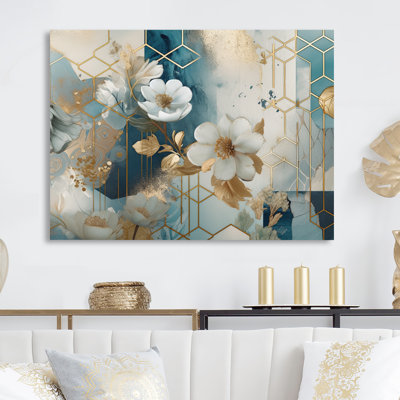 Marbre doré bleu, motif floral I - décoration murale florale en métal
