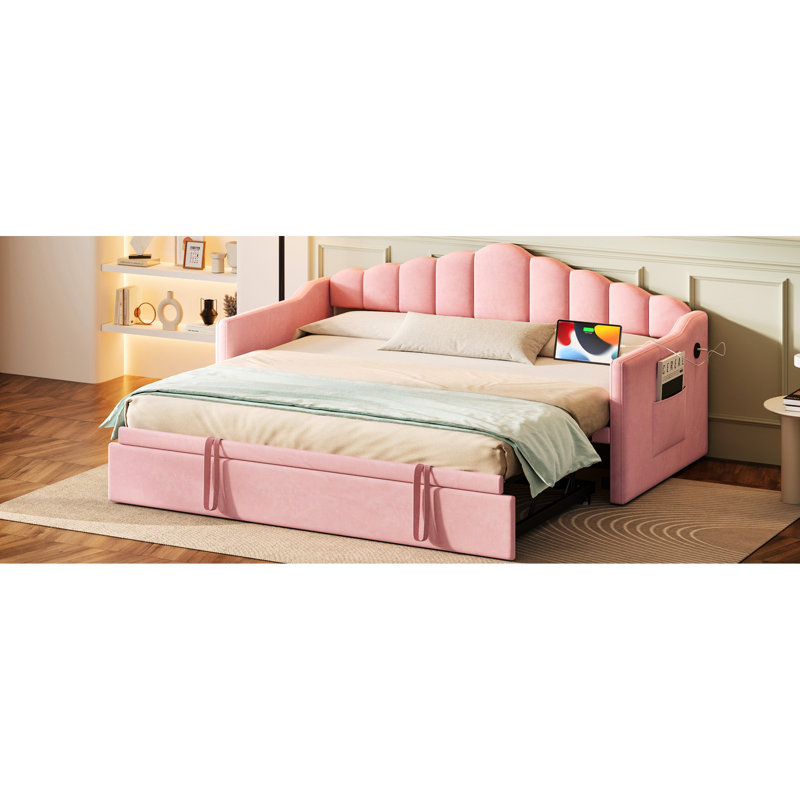 Lit de jour simple rembourré rose avec lit gigogne escamotable de hauteur réglable, fonction de charge et rangement latéral pour télécommandes en velours doux, lit gigogne et type C