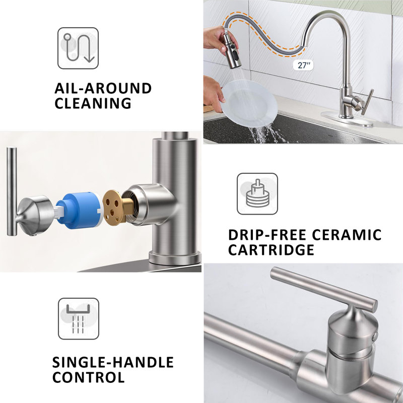 High Arc Single Handle Stainless Steel Kitchen Sink Faucet Pull Down Sprayer Faucet, 1 Or 3 Holes, Brushed Nickel