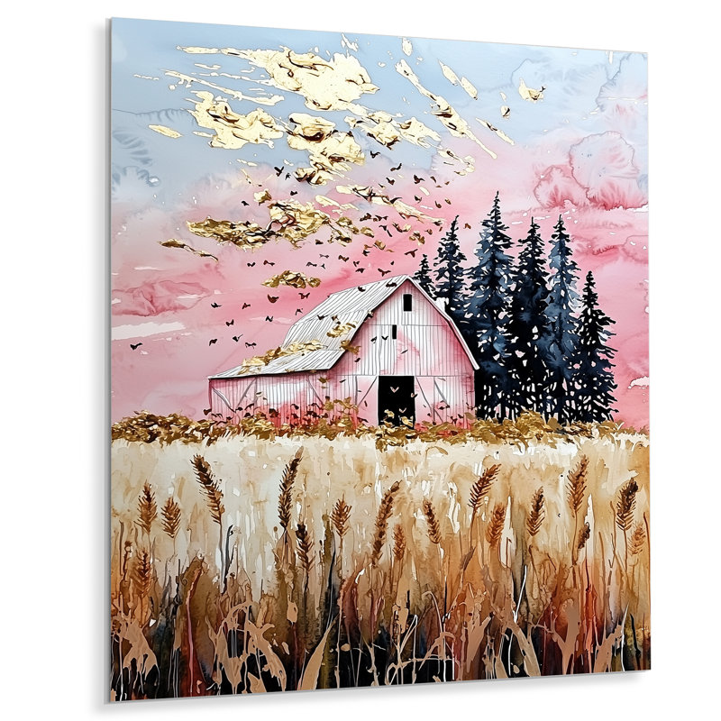 Rose et or Galm Barn II - ferme, impression murale en métal, H 20 po x l 12 po x P 0,84 po