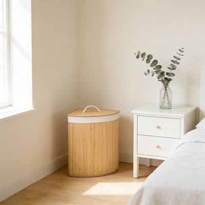 Bamboo Laundry Basket With Lid, 55L Capacity With Removable Washable Lining, Corner-Friendly Laundry Hamper