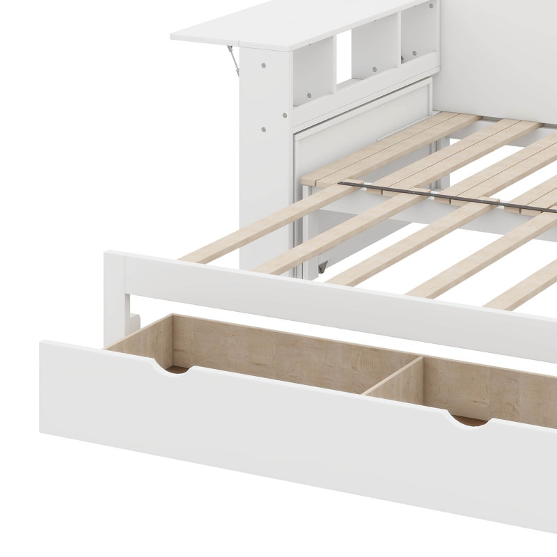 Wooden Full-Size Daybed With Built-In Storage Drawers, Removable Desk, And Hydraulic Side Table, Full, White