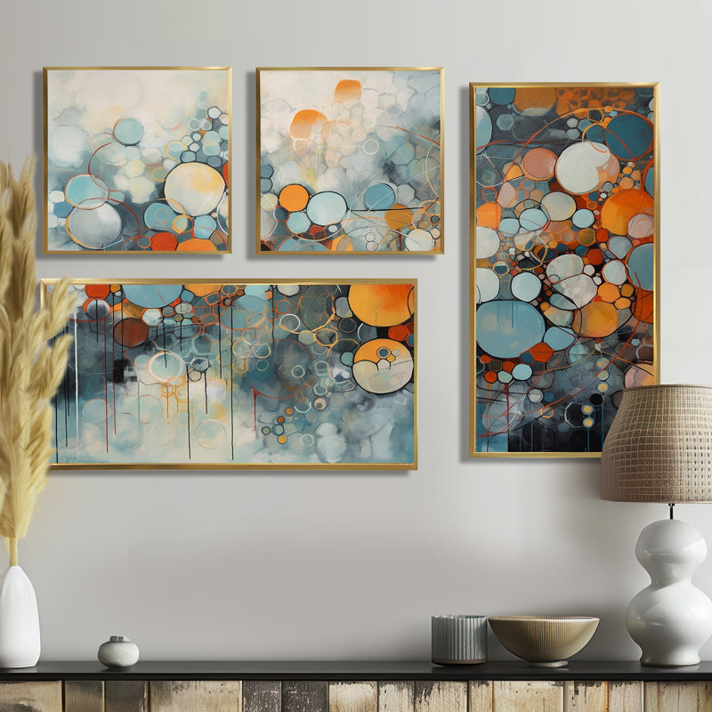 Illusions géométriques orange et bleues - 4 impressions sur toile géométriques abstraites, Doré