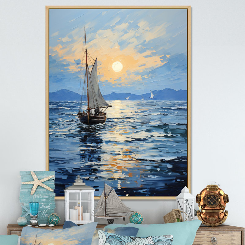 Bateau, voile, reflets, impression sur toile, H 32 po x l 24 po, Cadre naturel flottant
